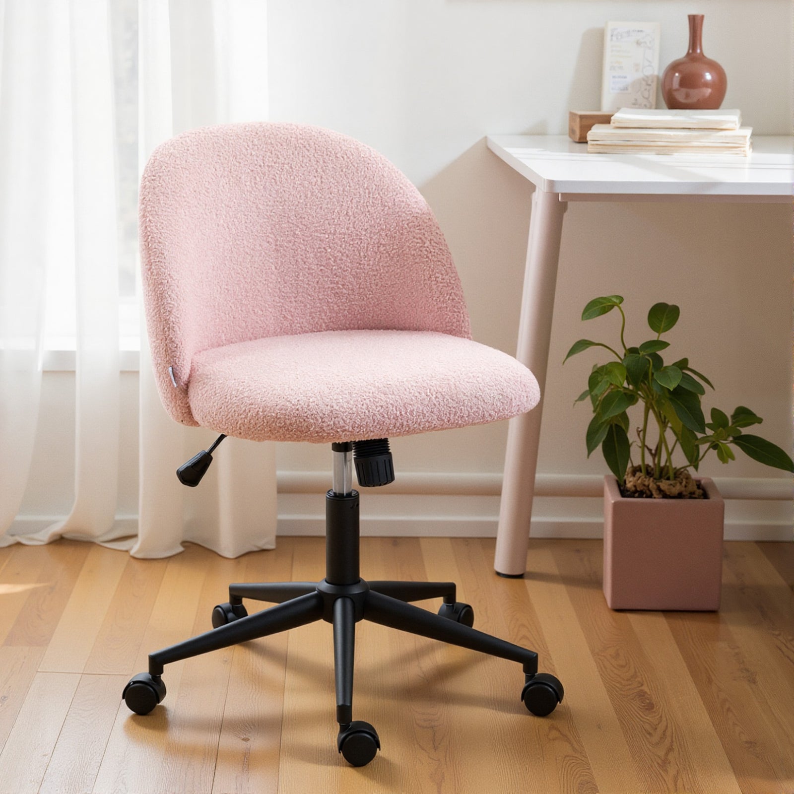 Desk Chair, Fluffy Swivel Office Chair For Makeup Vanity | Pink