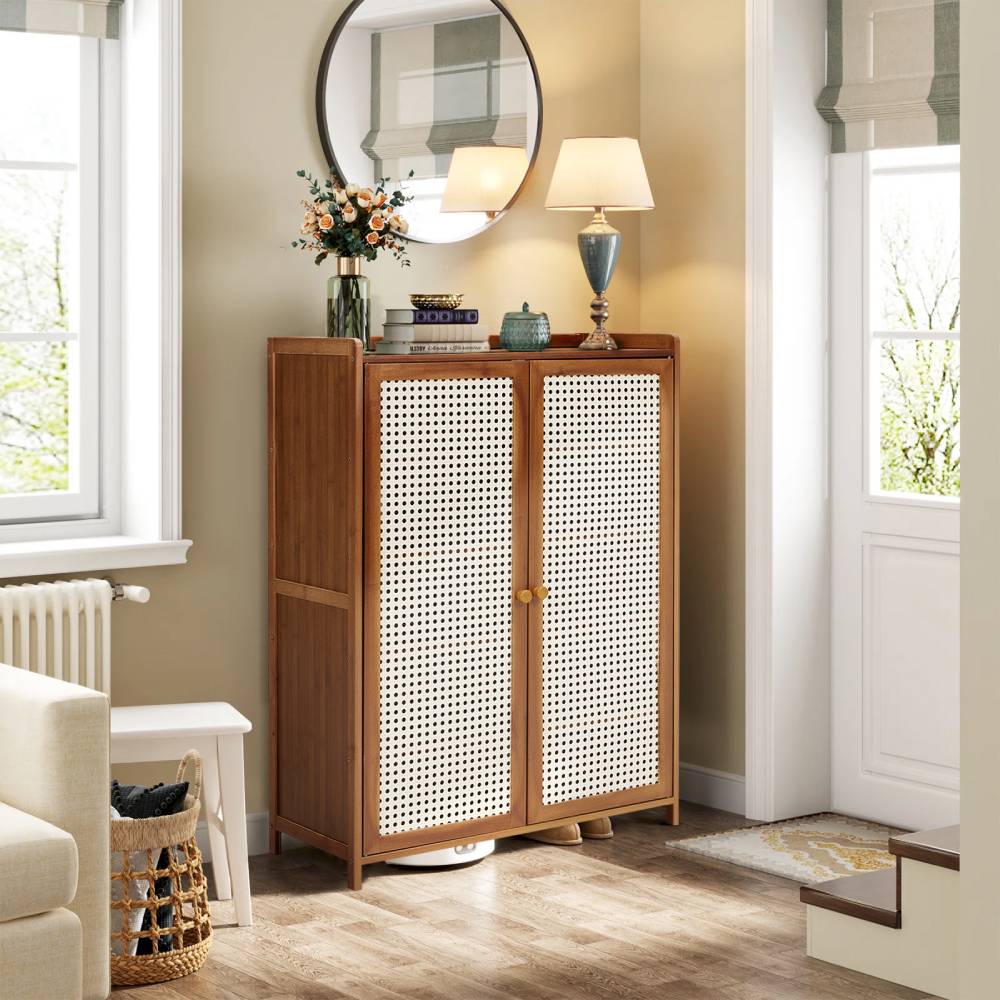 Bamboo And Shoe Cabinet – 2-door Textured Storage Unit With 6 Tiers For Neat And Stylish Entryway Organization