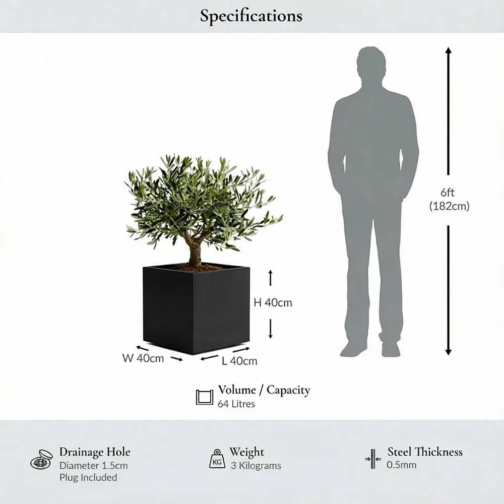 Zinc Galvanised Square Planter | 40cm x 40cm x 40cm | Black Gloss