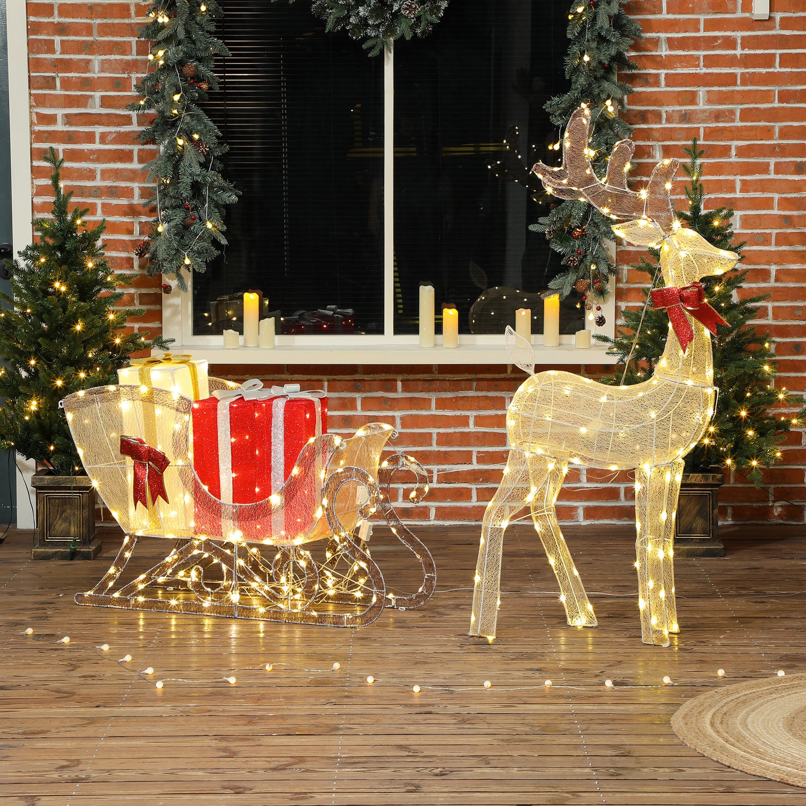 Outsunny Lighted Christmas Decoration, Outdoor Light Up Deer And Sleigh