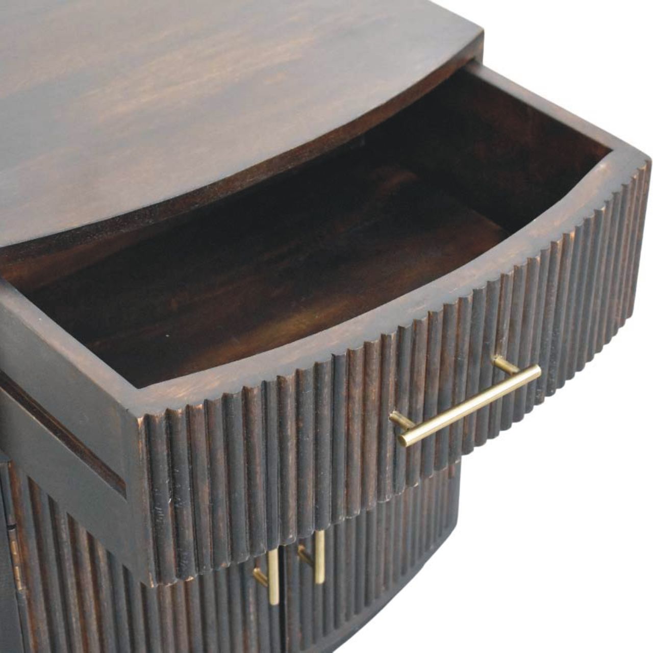 Milan Solid Mango Wood Bedside Table – Velvet Mocha Finish With Brass Accents