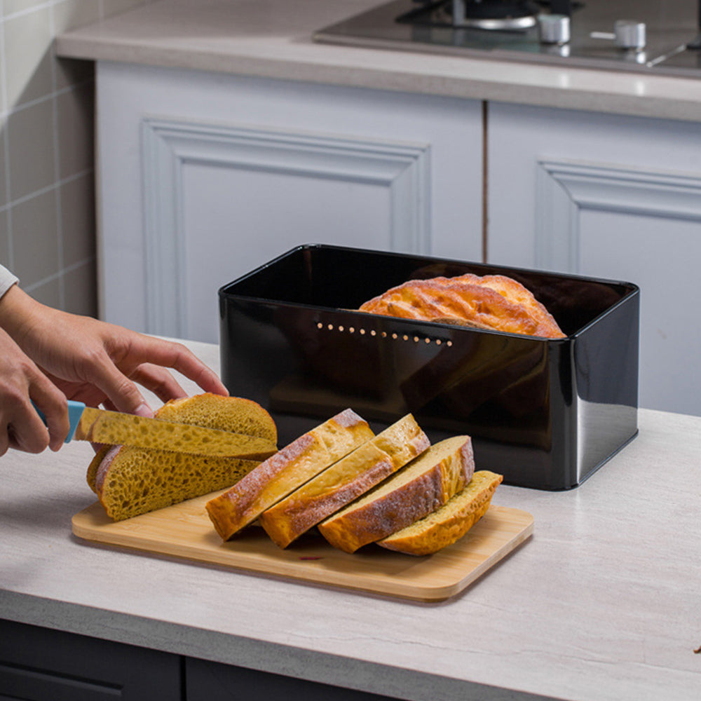 Metal Bread Box With Reversible Bamboo Lid For Kitchen Countertop