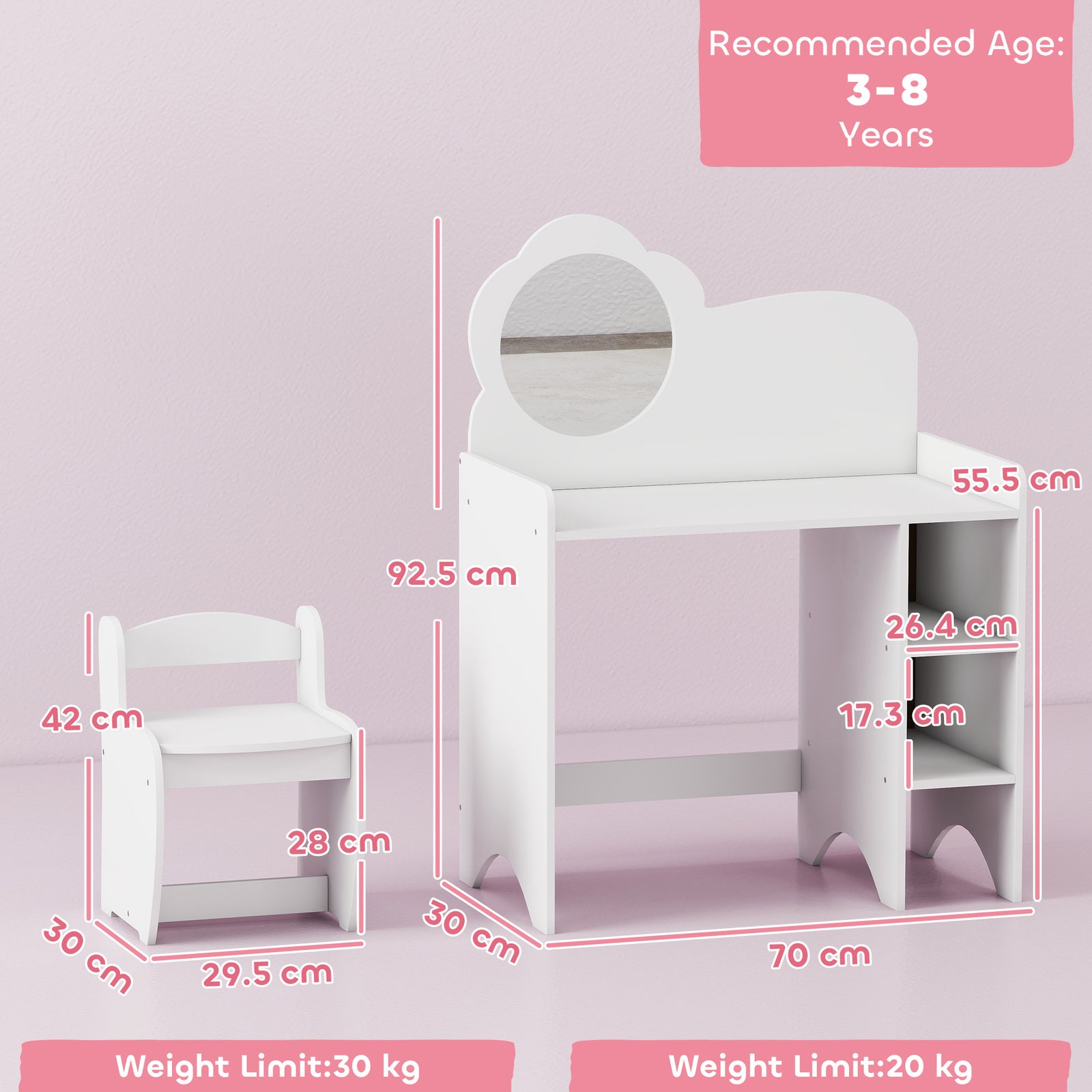 Kids Dressing Table With Mirror, Stool, Vanity Table | White