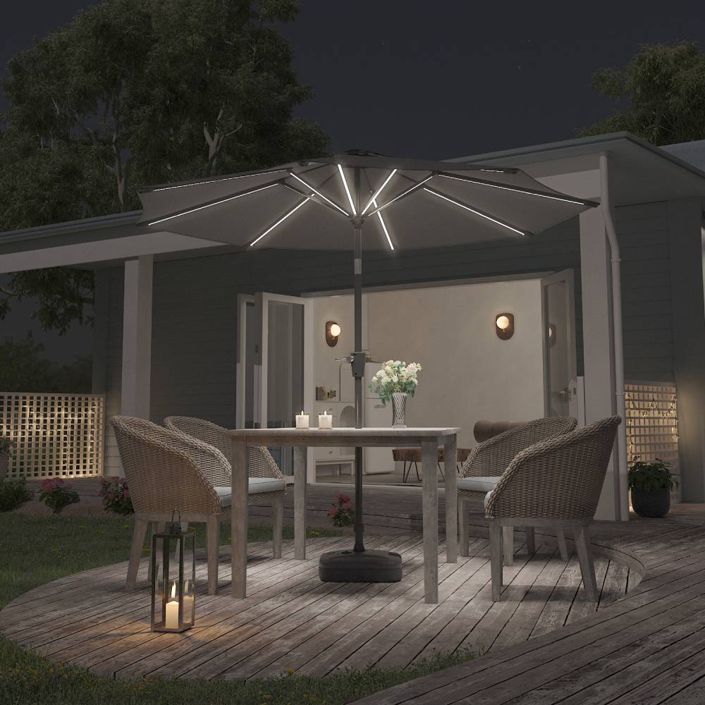 3m Solar Led Patio Umbrella, Outdoor Parasol With 16 Led Tubes, Crank Lift & Push Button Tilt With Fillable Base | One Size | Dark Grey