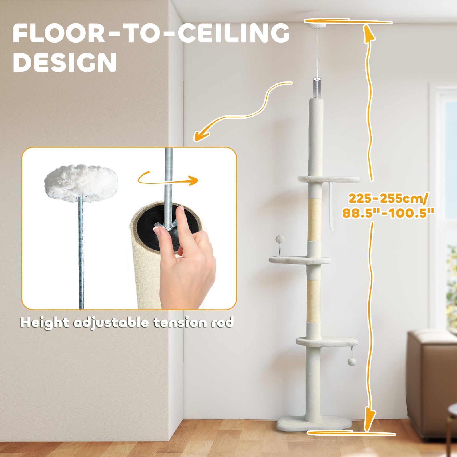 PawHut 225-255 Cm Adjustable Cat Tree With Sisal Scratching Posts, Beige