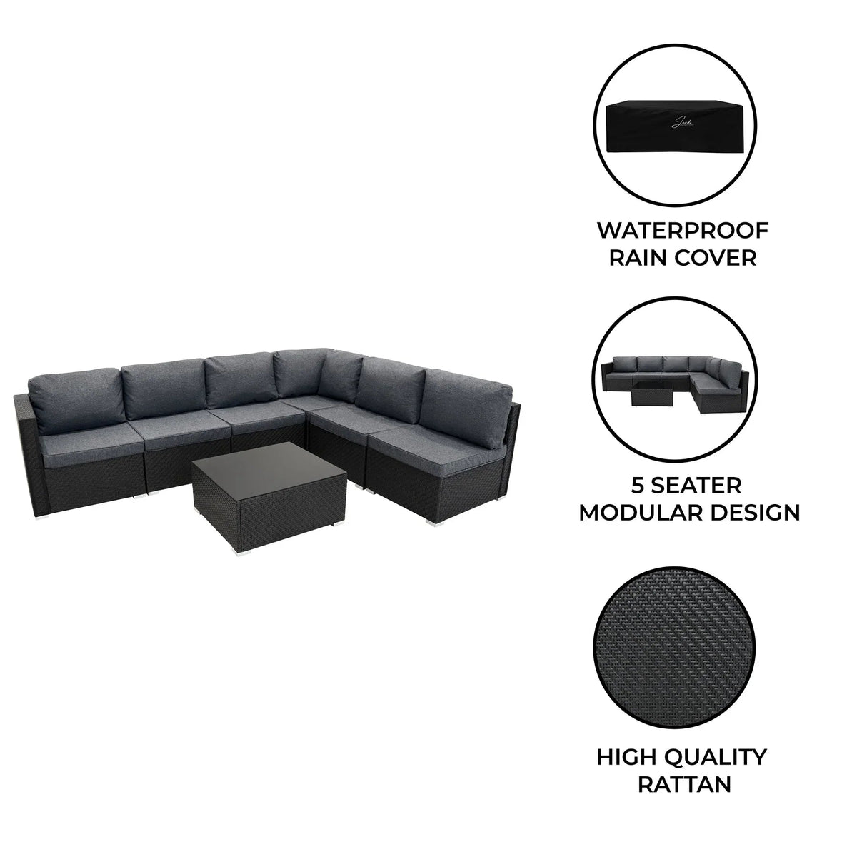 Rattan Modular 7 Piece Furniture Set - Black | Black