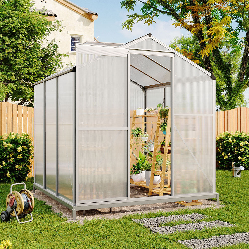 Polycarbonate Greenhouse With Base – Aluminum Frame Walk-in Greenhouse With Sliding Door & Ventilation Window For Plants & Flowers, White, 6 x 6ft