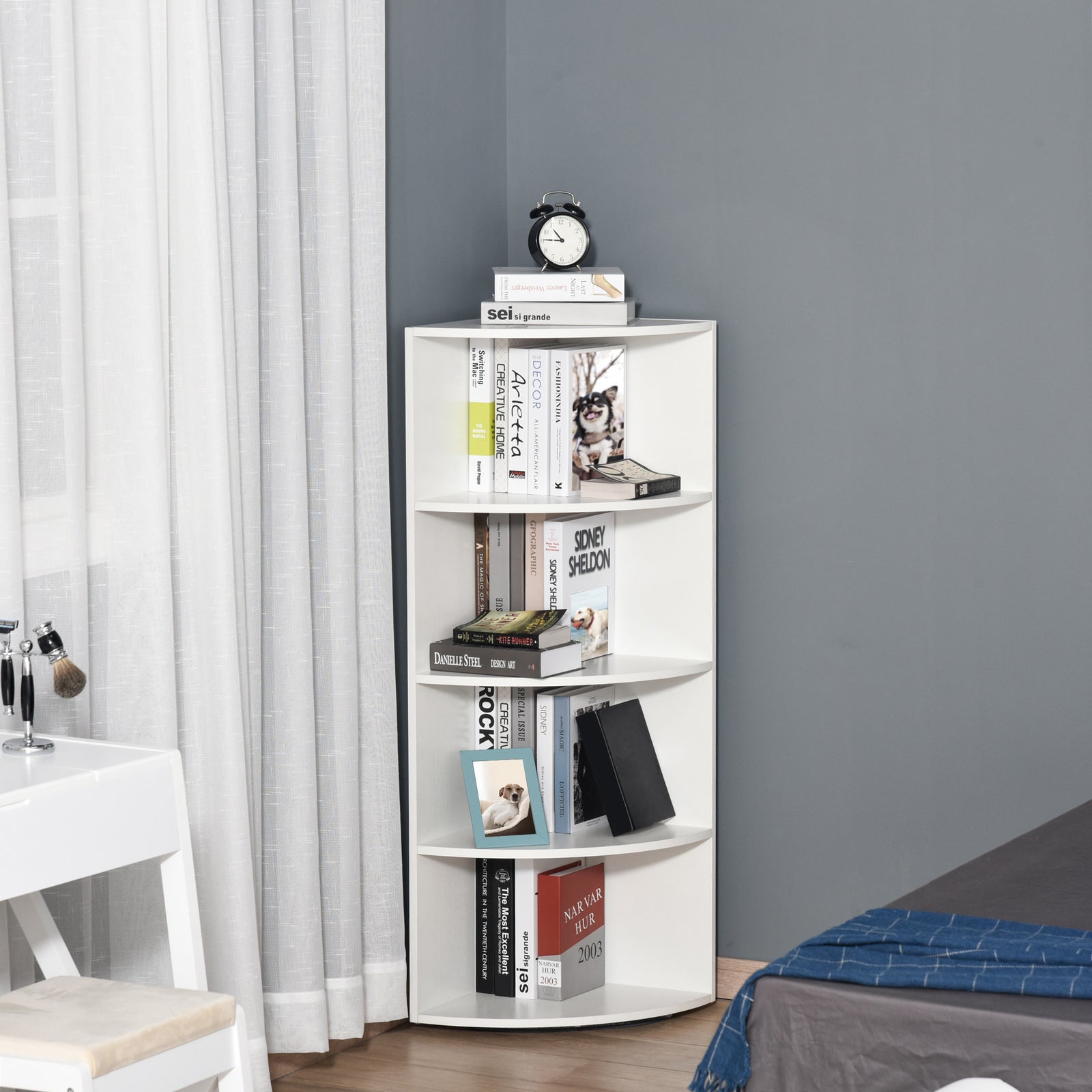 4 Tier Wood Corner Shelf  Unit Freestanding Fan Bookshelf | One Size | White