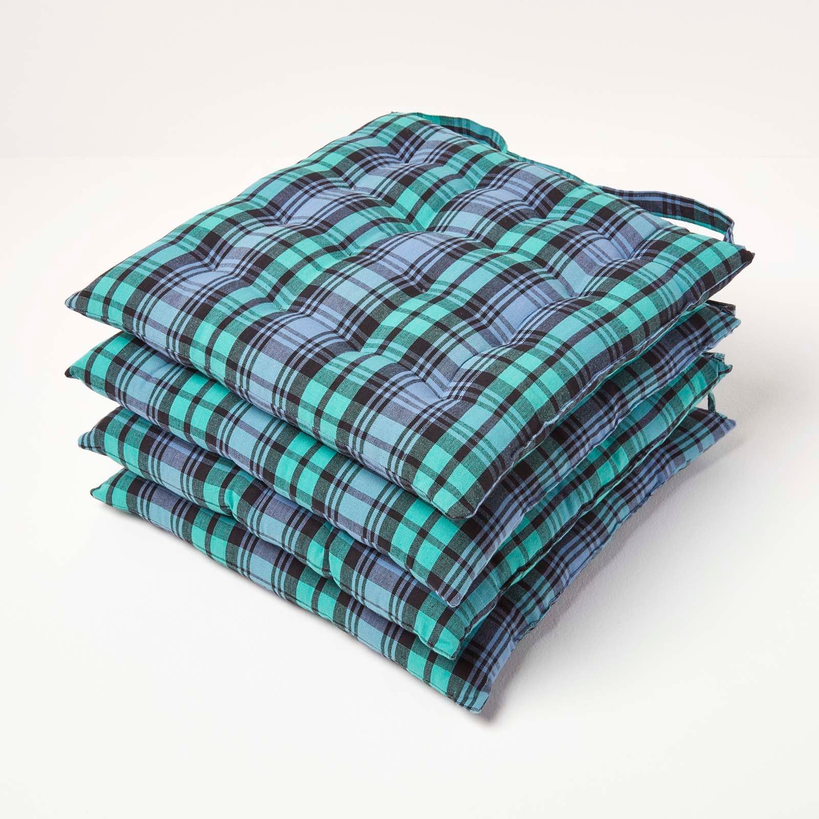 Tartan Check Seat Pad With Button Straps 100% Cotton, 40 X 40 Cm | Set-of-4 | Blackwatch