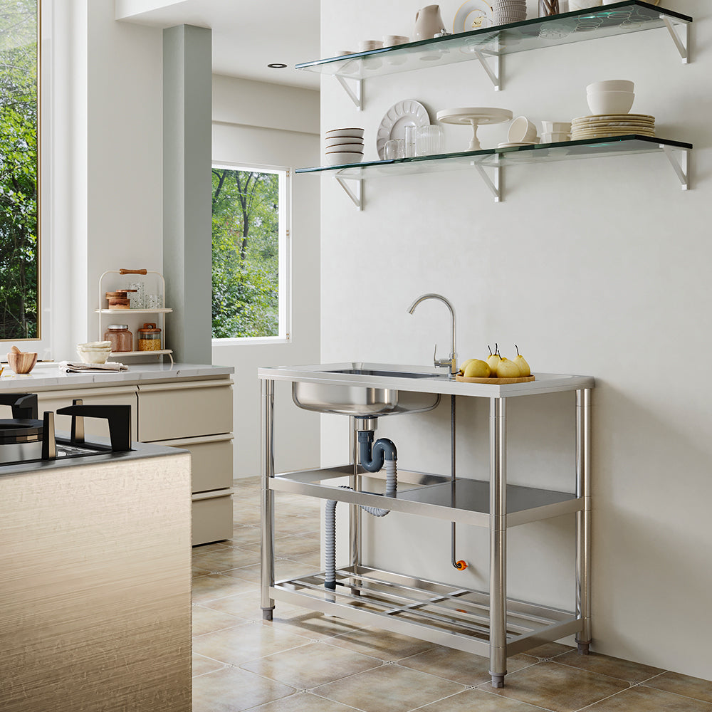 98cm W X45.5cm D X 80cm H Bathroomdeco Stainless Steel One Compartment Sink With Shelves And Drainboard