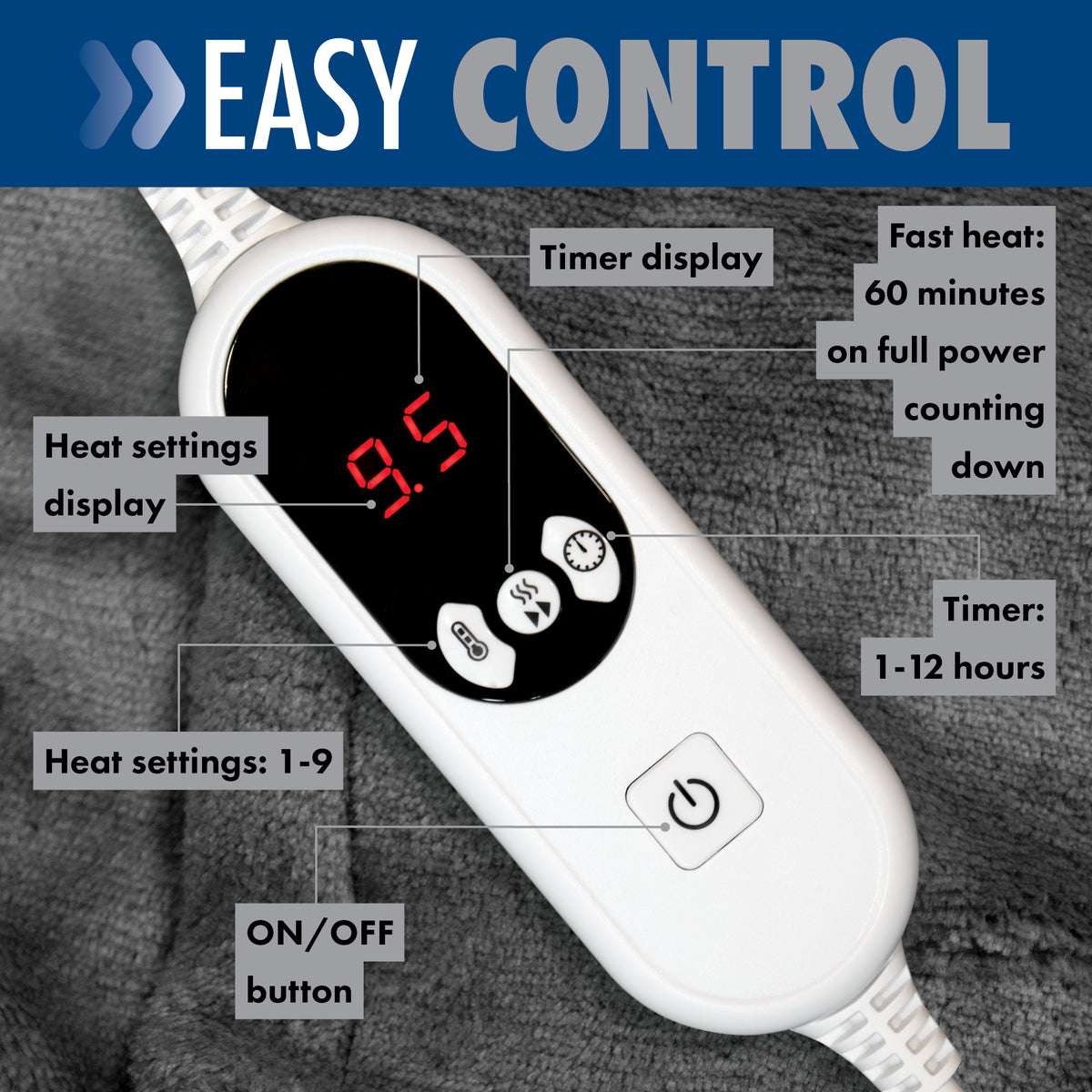 Deluxe Electric Throw Heated Double Over Blanket Soft Fleece 9 Heat & 12 Timer Settings | L | Grey