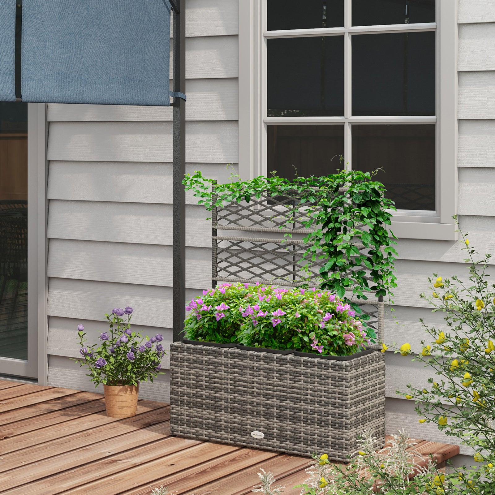 Garden Rattan Planter With Trellis Light Grey
