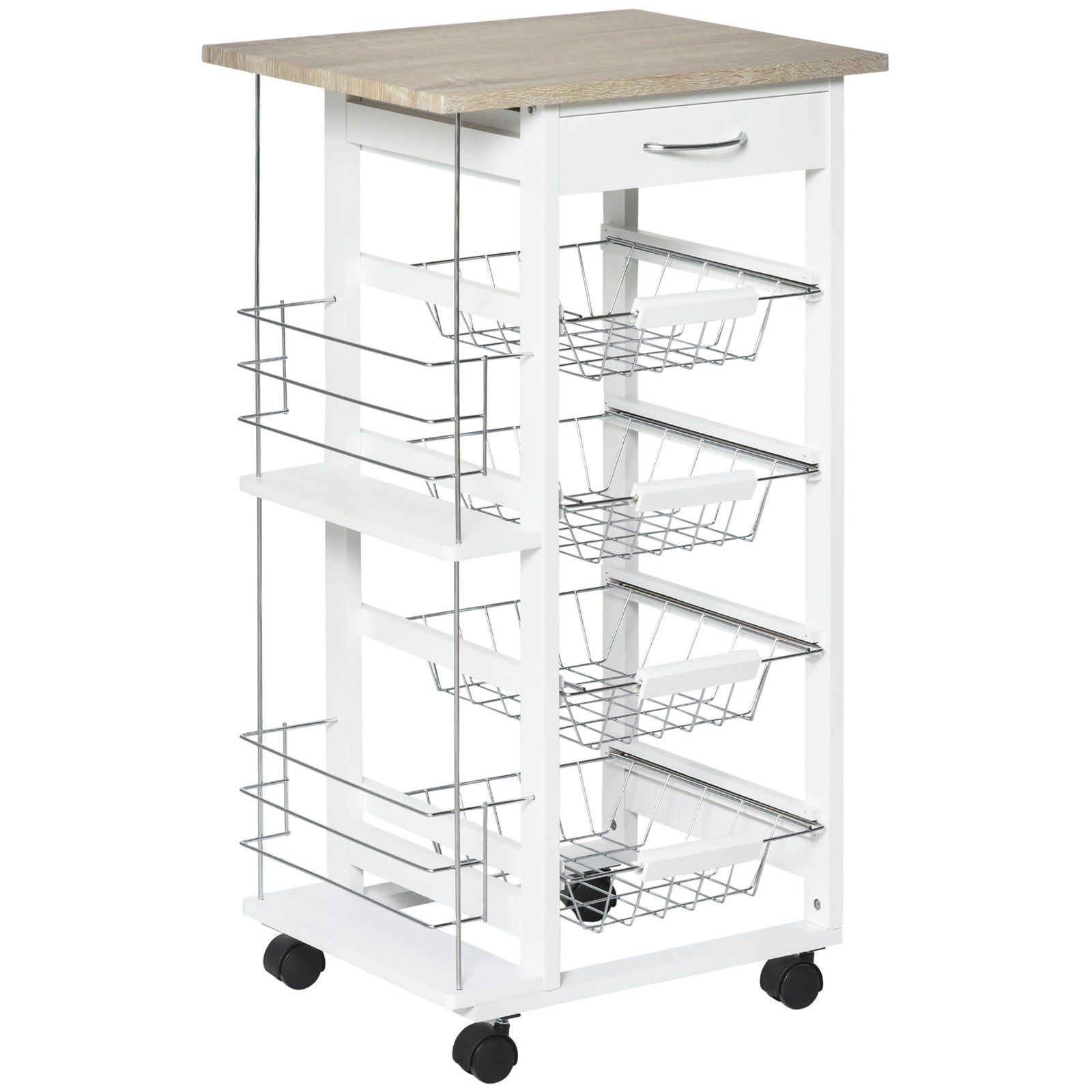 Kitchen Island Trolley W/ 4 Baskets 2 Side Racks Drawer | Antique White