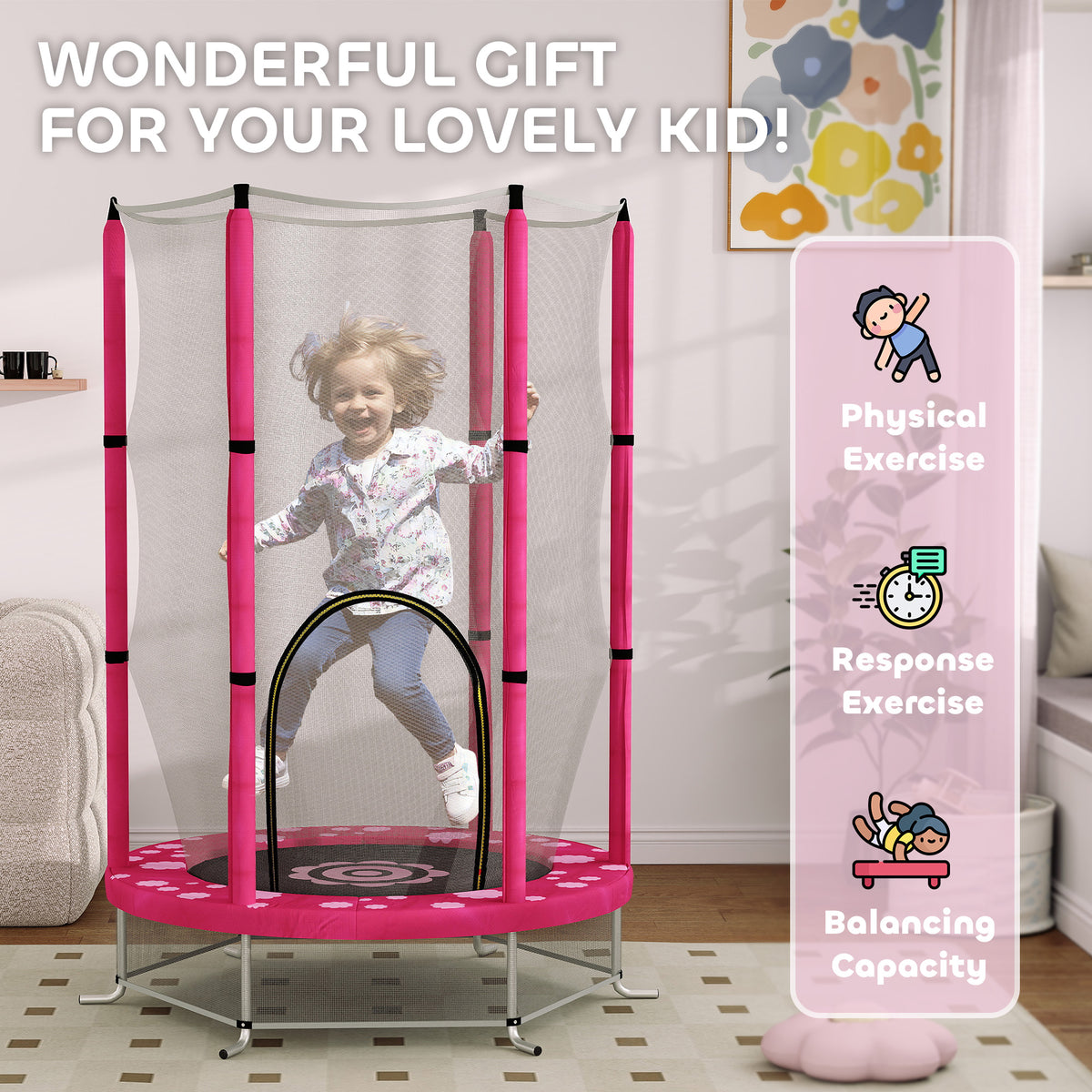 4.6ft Kids Trampoline W/ Safety Enclosure Net, For Indoor Outdoor | Pink
