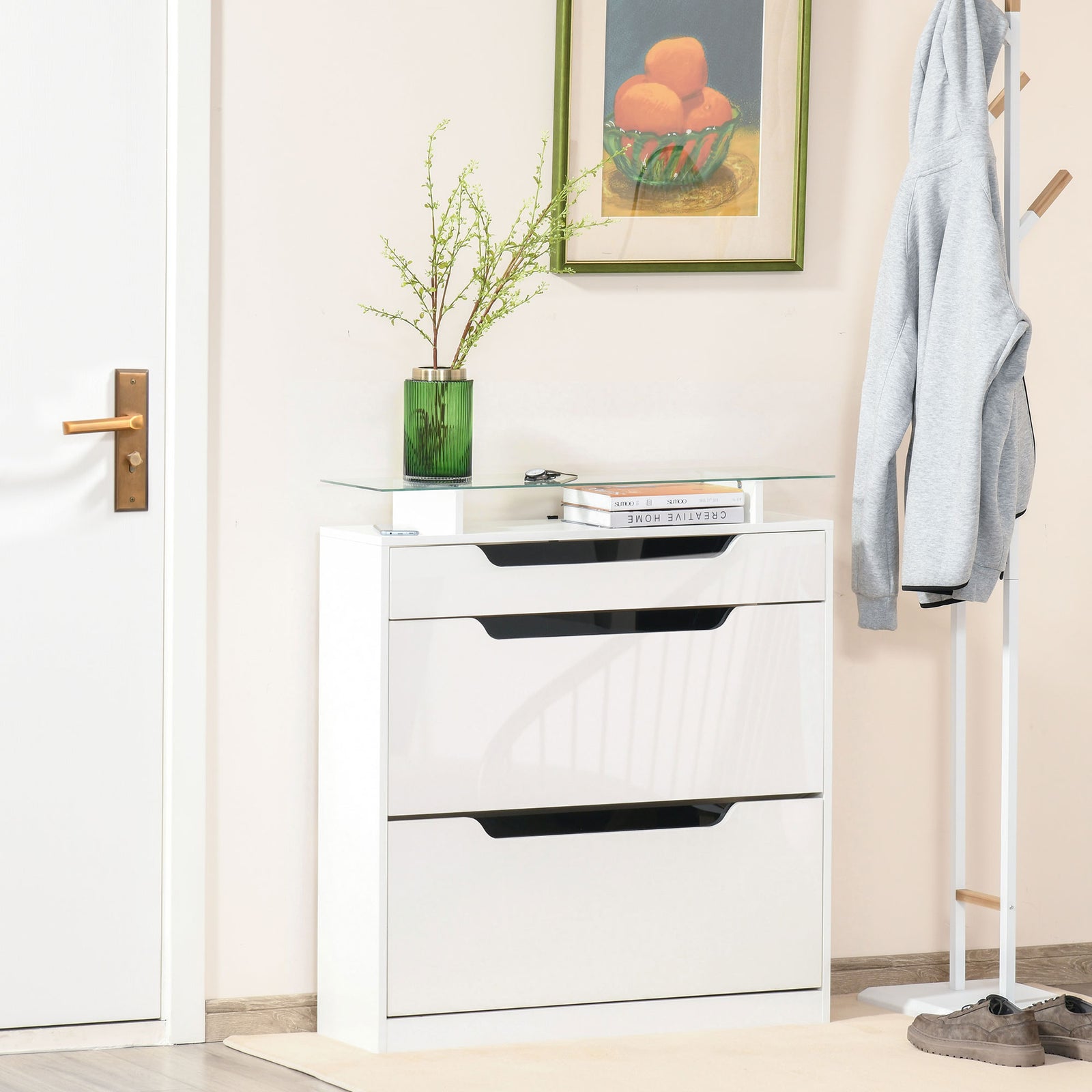 Shoe Cabinet W/ 3 Drawers, High Gloss Front Panels Glass Top | One Size | White