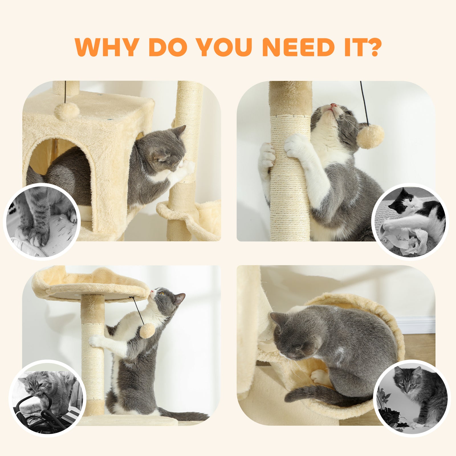 Cat Tree Tower With Sisal Scratching Posts, Condos | 160cm | Beige