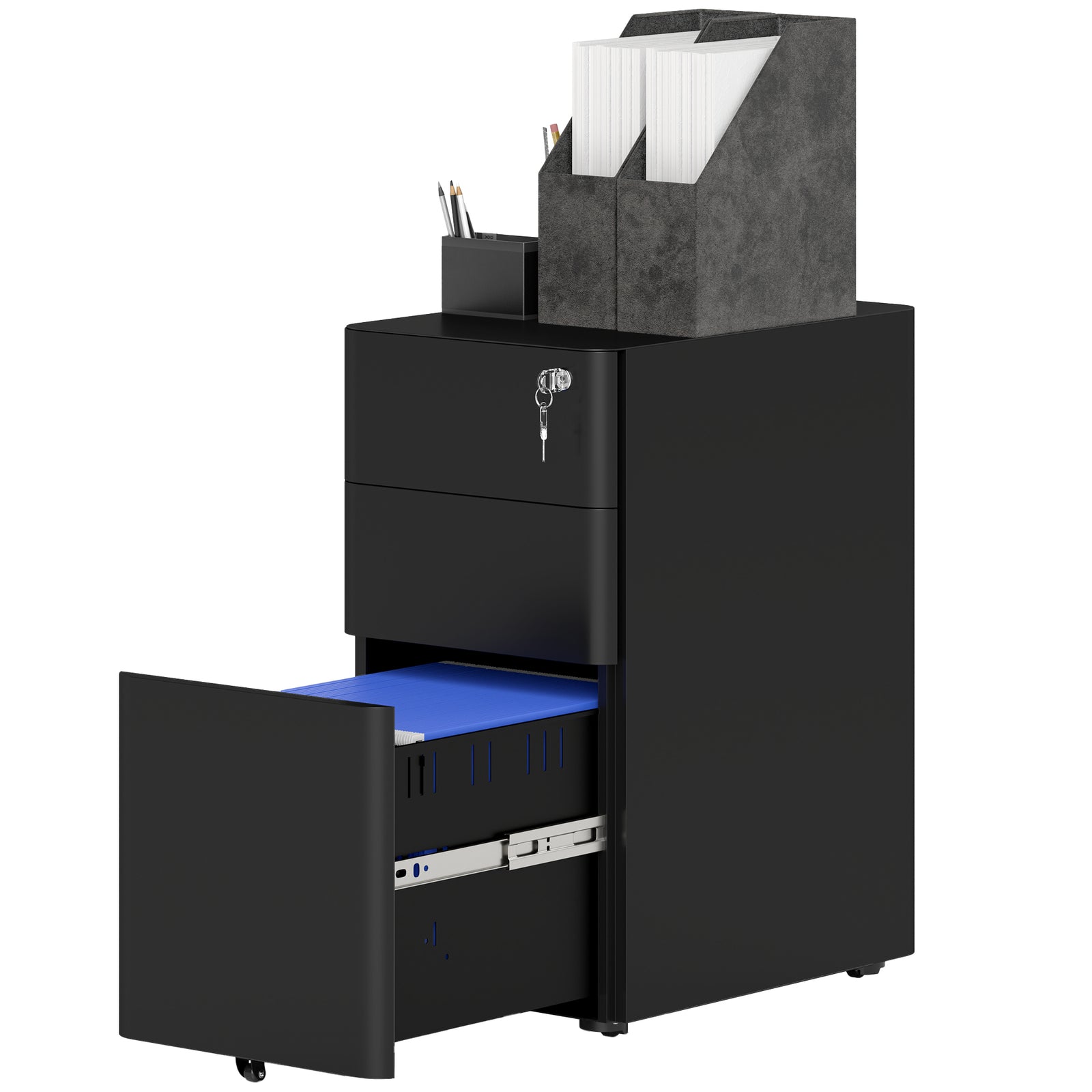 Steel Filing Cabinet With Lock And Wheels For Home Office | One Size | Black