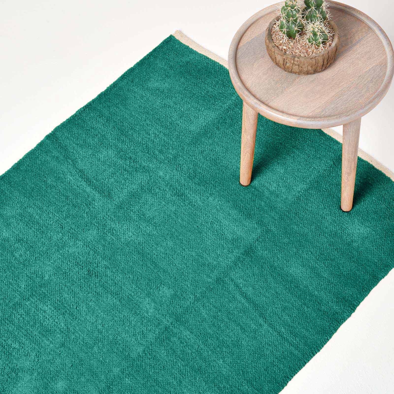 Plain Chenille 100% Cotton  Rug With Natural Trim | 150cm x 95cm | Teal Green
