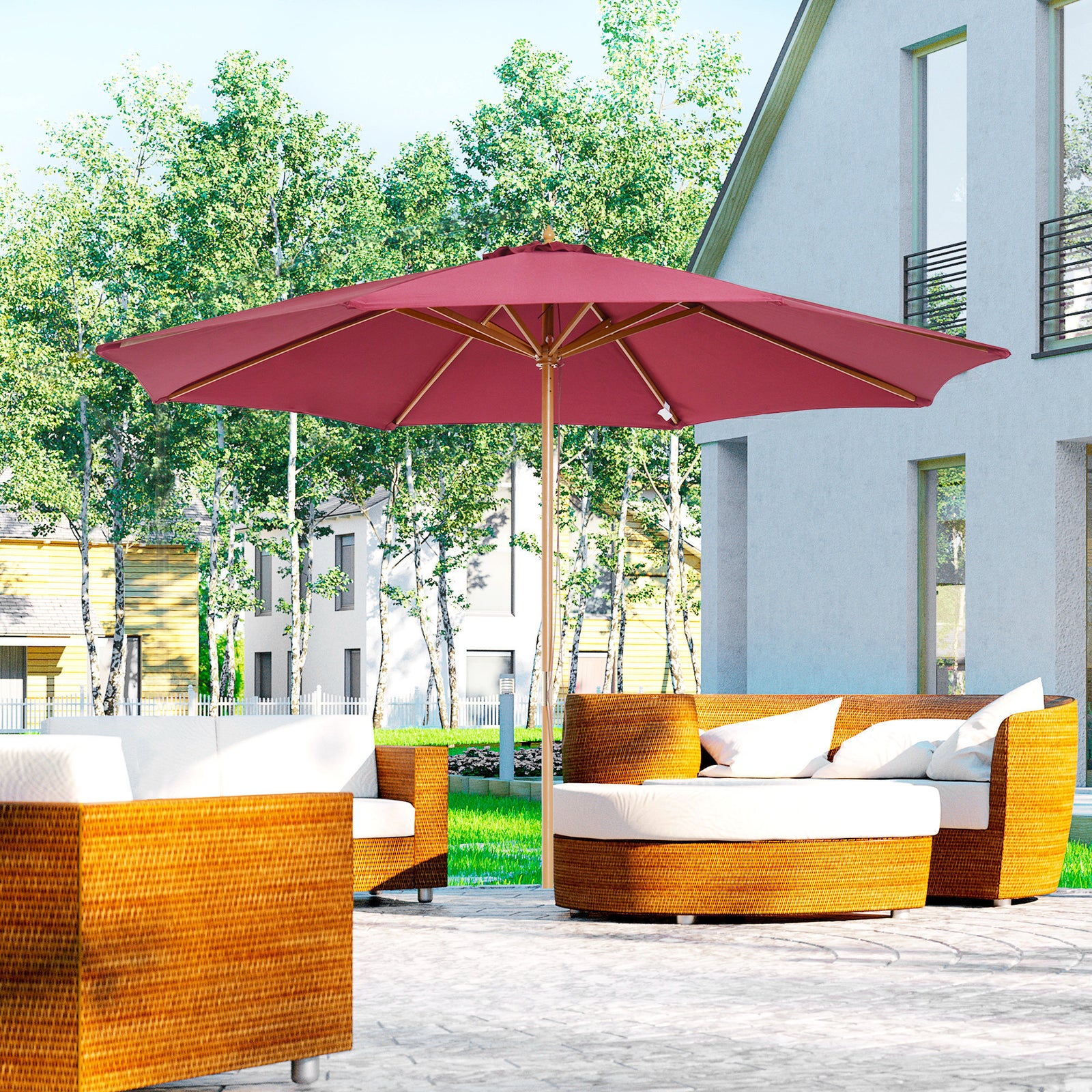 3m Wooden Bamboo Parasol Outdoor Umbrella Canopy | Red