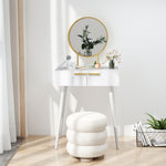 Modern Dressing Table W/ 2 Drawers Round Mirror For Bedroom White