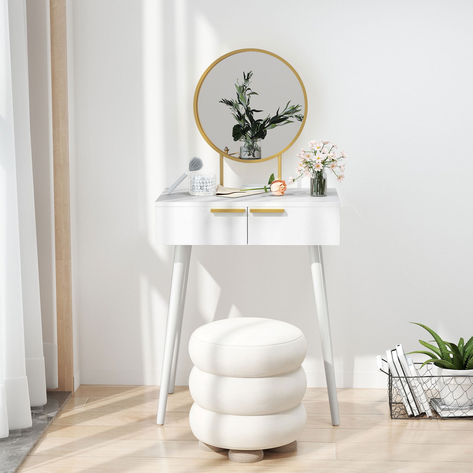 Modern Dressing Table W/ 2 Drawers Round Mirror For Bedroom White