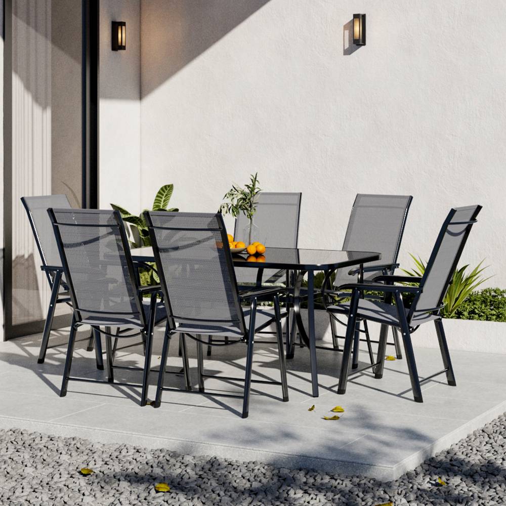 7 Pcs Garden Dining Set Tempered Glass Garden Table With Foldable Chairs