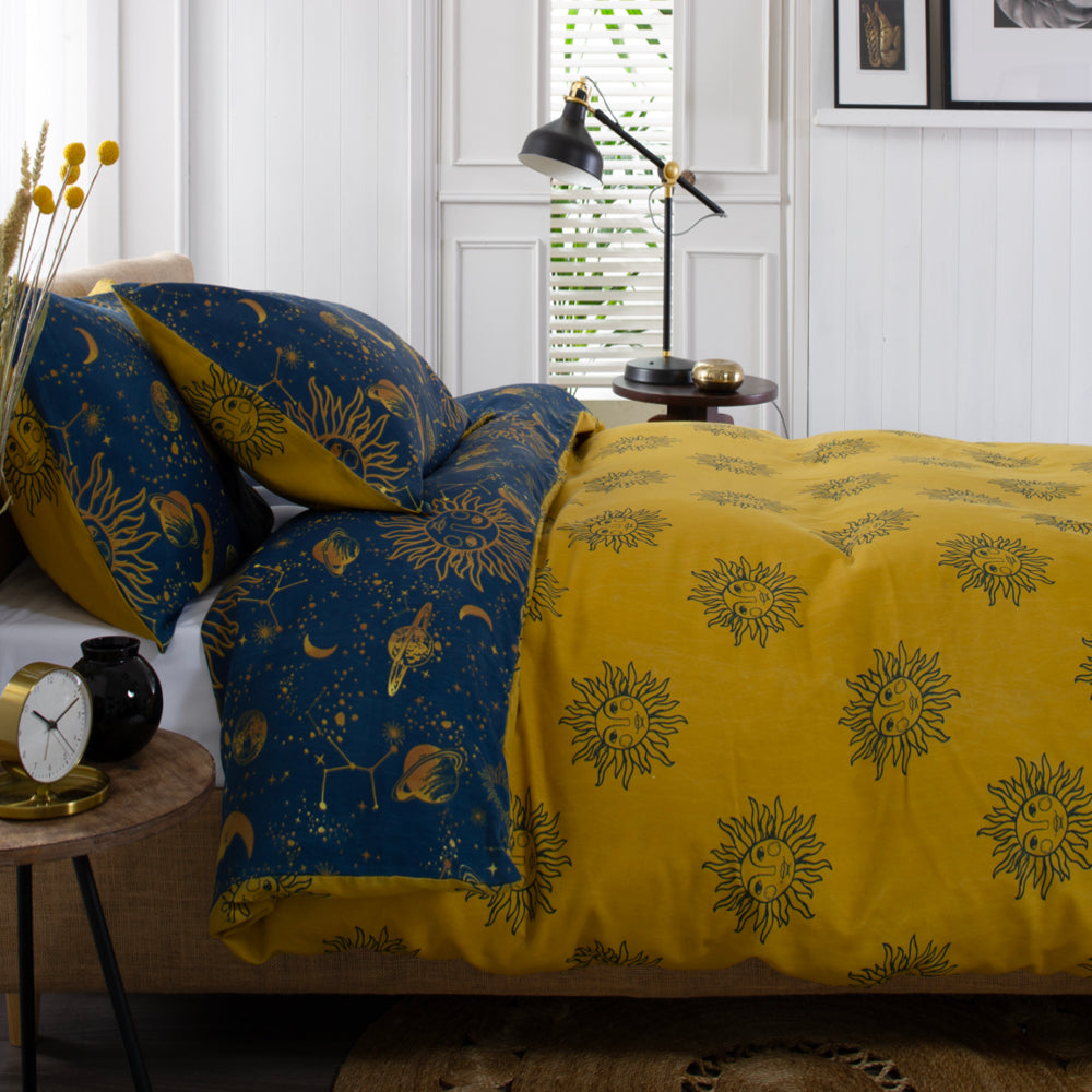 Sun, Moon And Stars Cotton Rich 200 Thread Count Reversible Duvet Cover Set | Single | Navy Blue