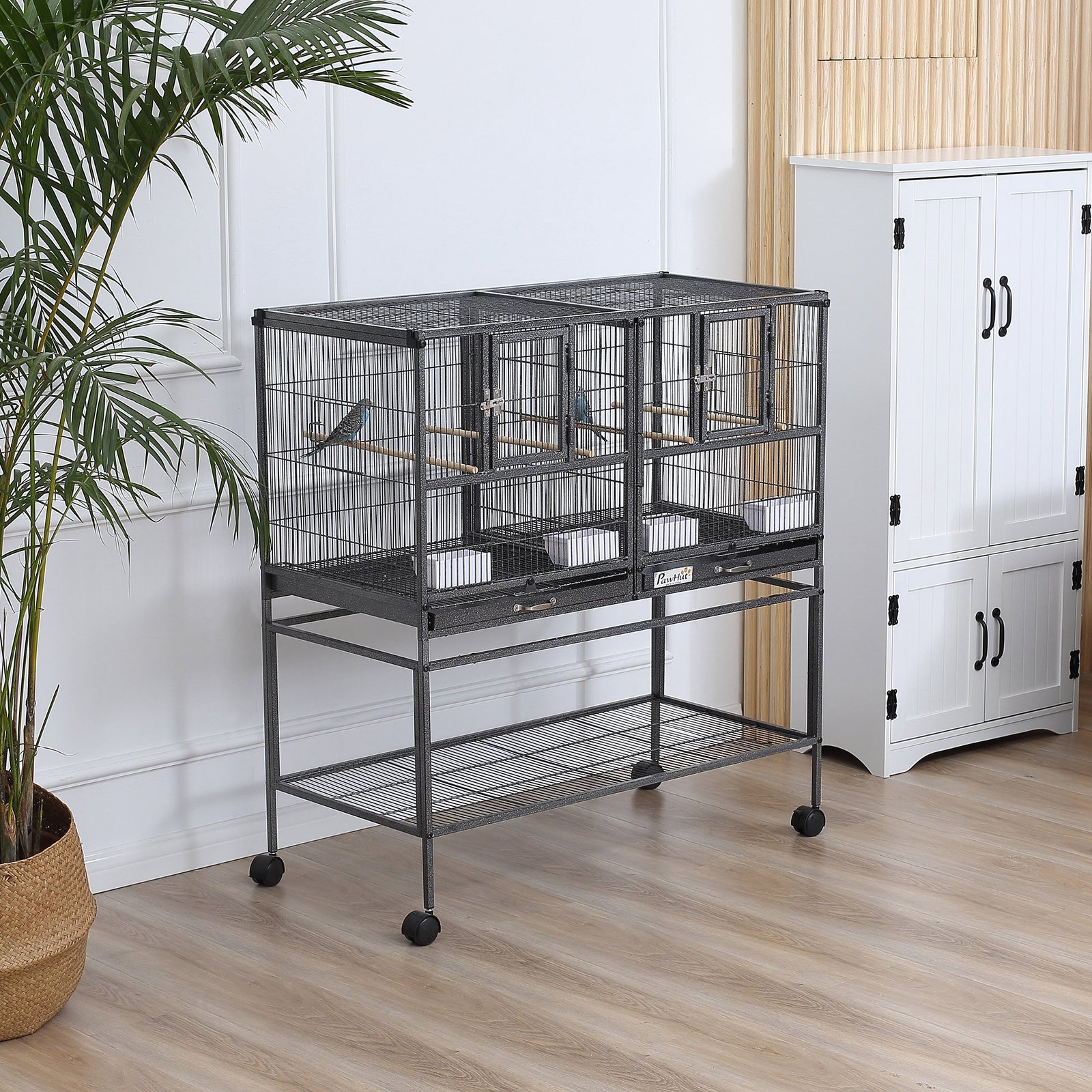 Double Rolling Bird Cage With Removable Metal Tray And Storage Shelf