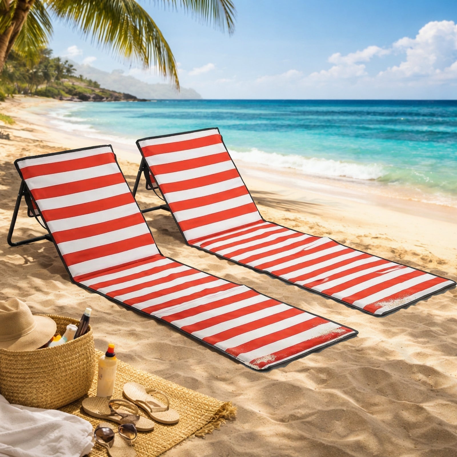 Garden Beach Chair Mat, Sun Lounger Seats With Adjustable | Orange & White