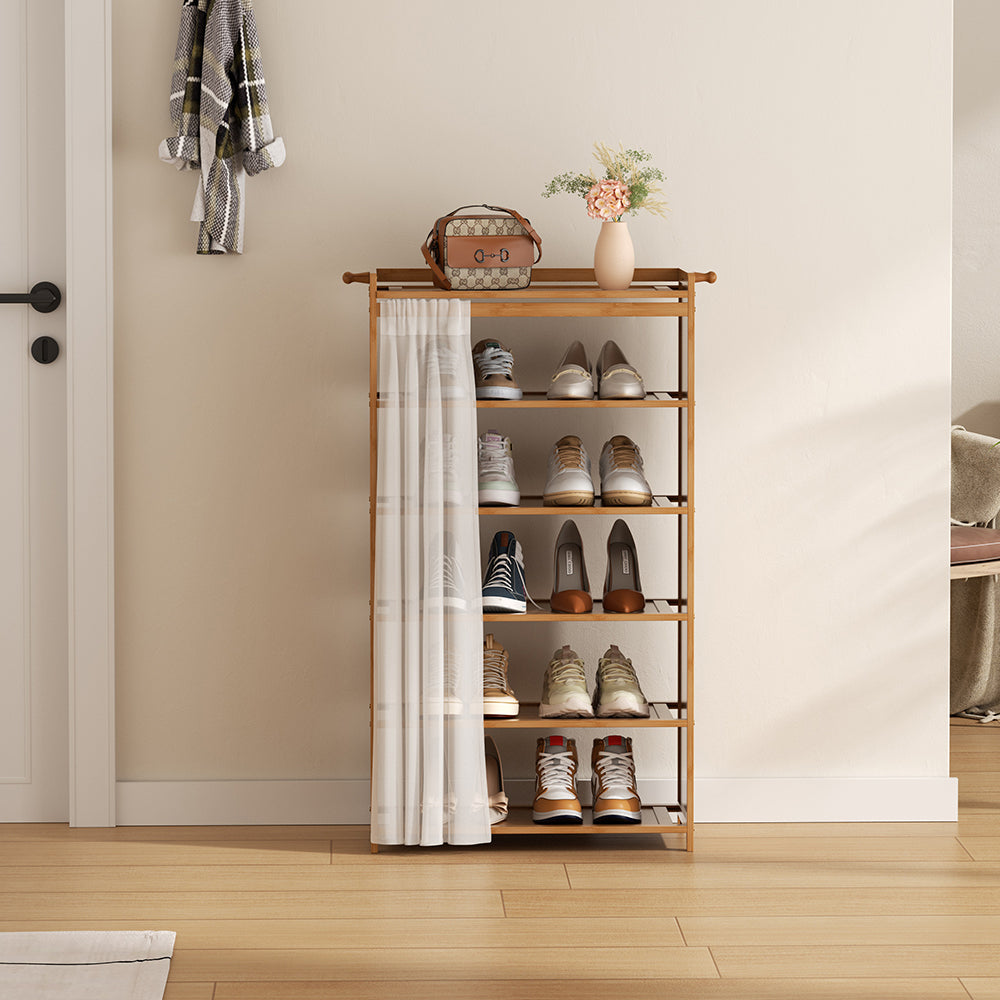 Bamboo Shoe Cabinet With Curtain 5/6-layer Entryway Shoe Rack Storage Organizer | Large