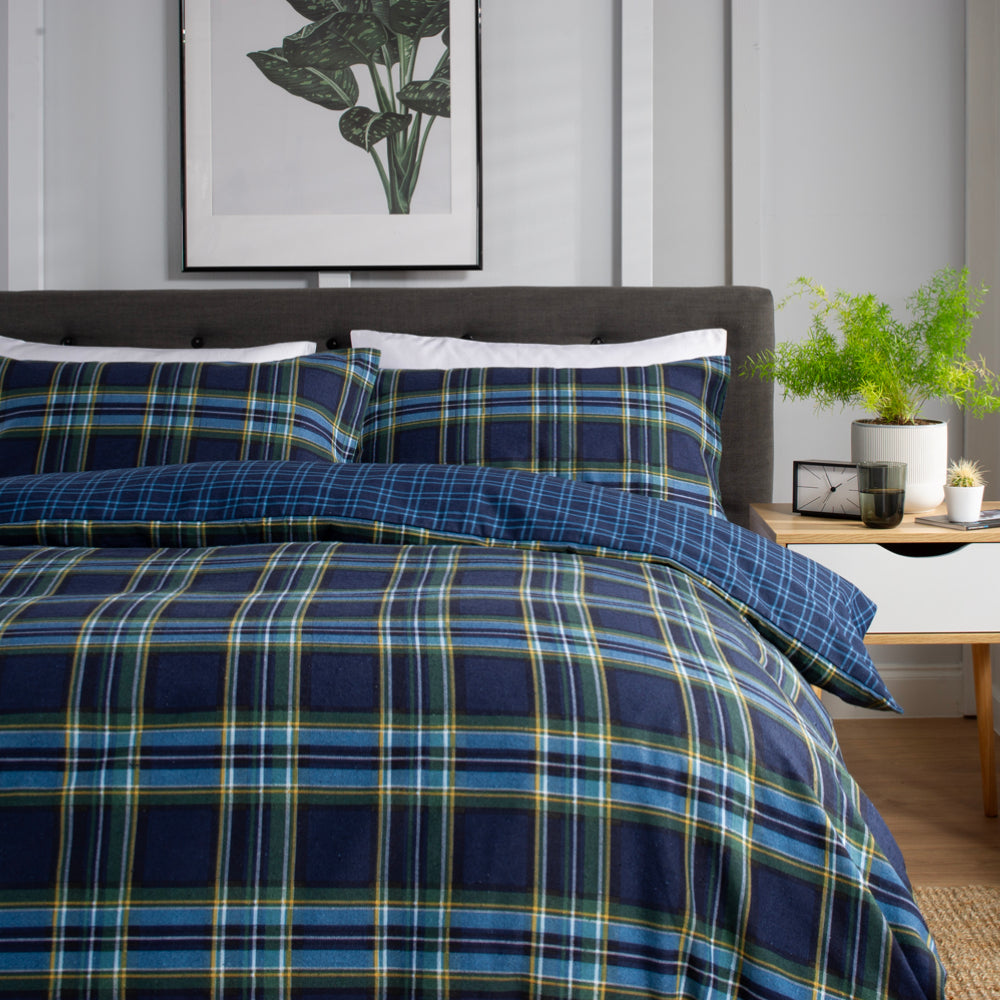 Willington Check Printed Brushed 100% Cotton Bedlinen Duvet Set | Double | Blue