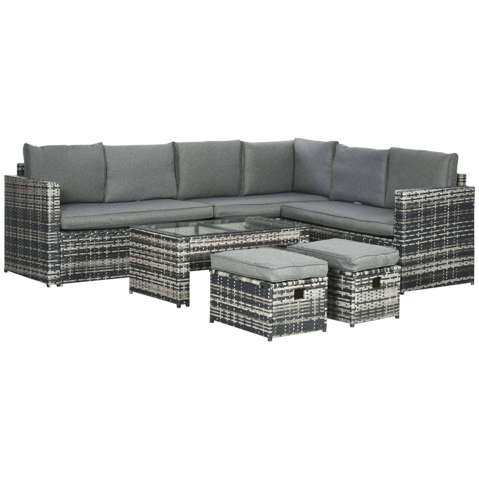 Outsunny 6pc Rattan Set W/ Loveseats Footstools Table Cushions
