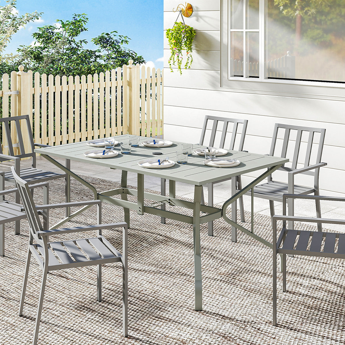 Outsunny Garden Dining Table With Steel Frame And Slatted Top, Light Grey