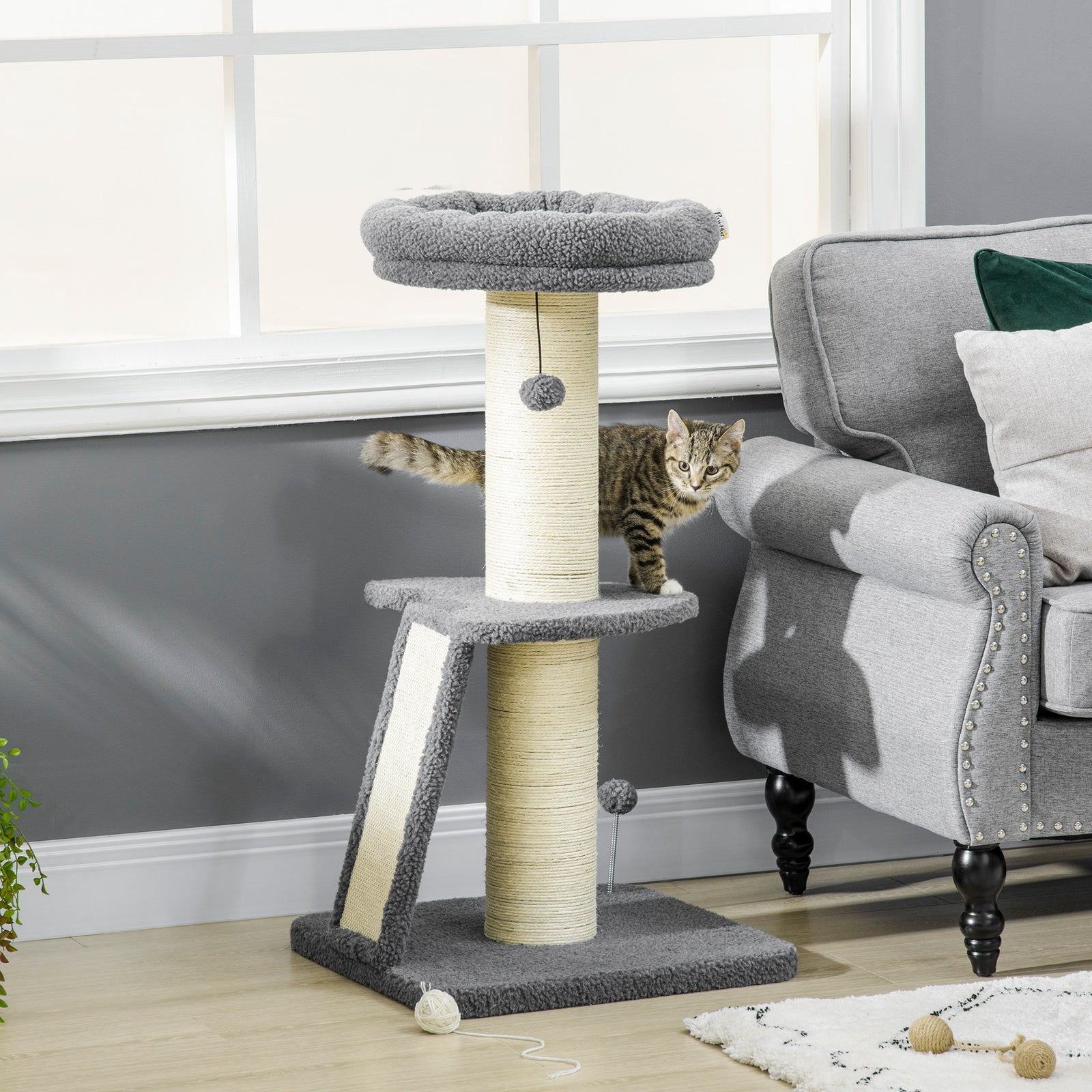 Cat Tree Kitten Tower W/ Scratching Post, Pad, Dark Grey, Ball