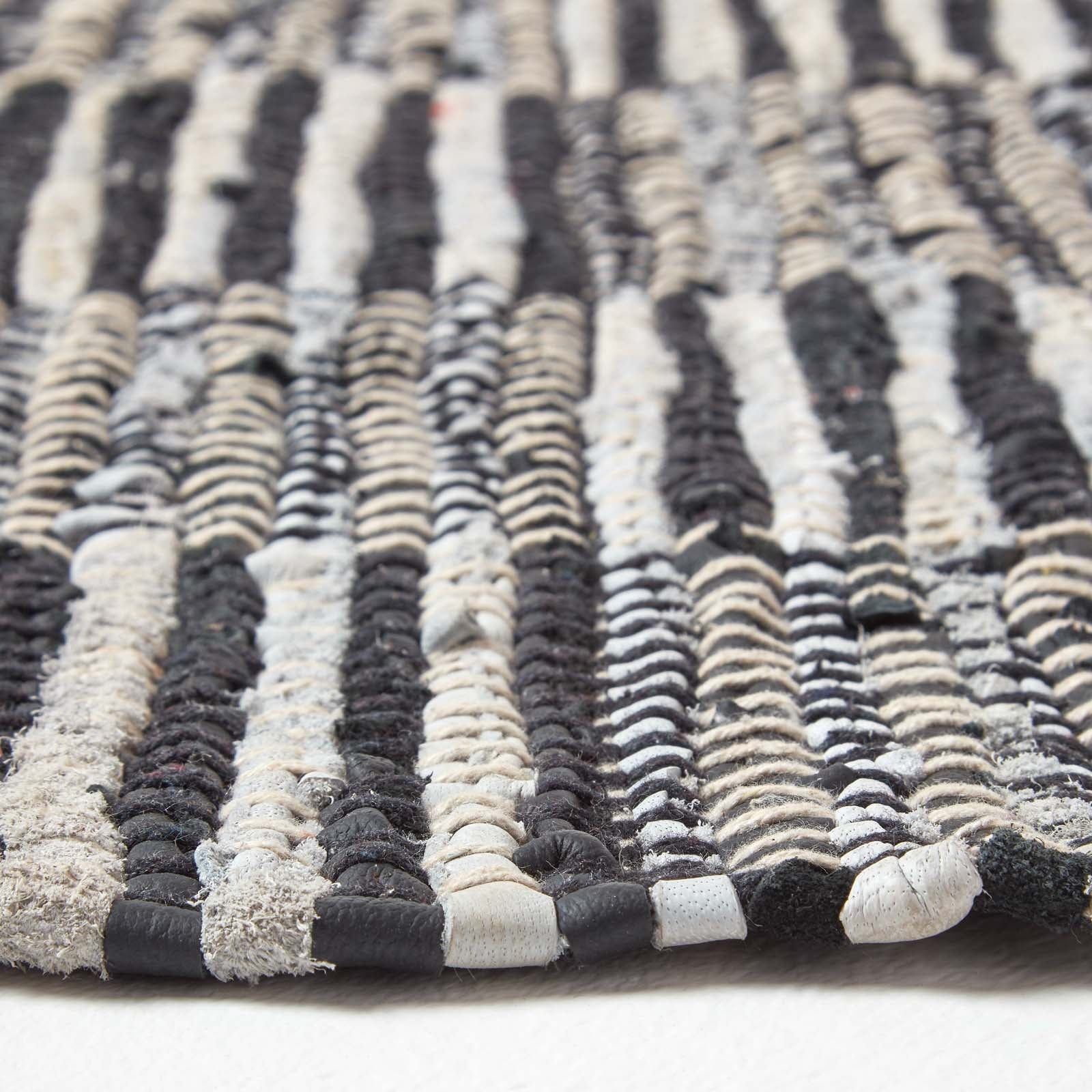 Black & White Real Leather Handwoven Striped Block Check Rug | 150cm x 240cm | Black & White