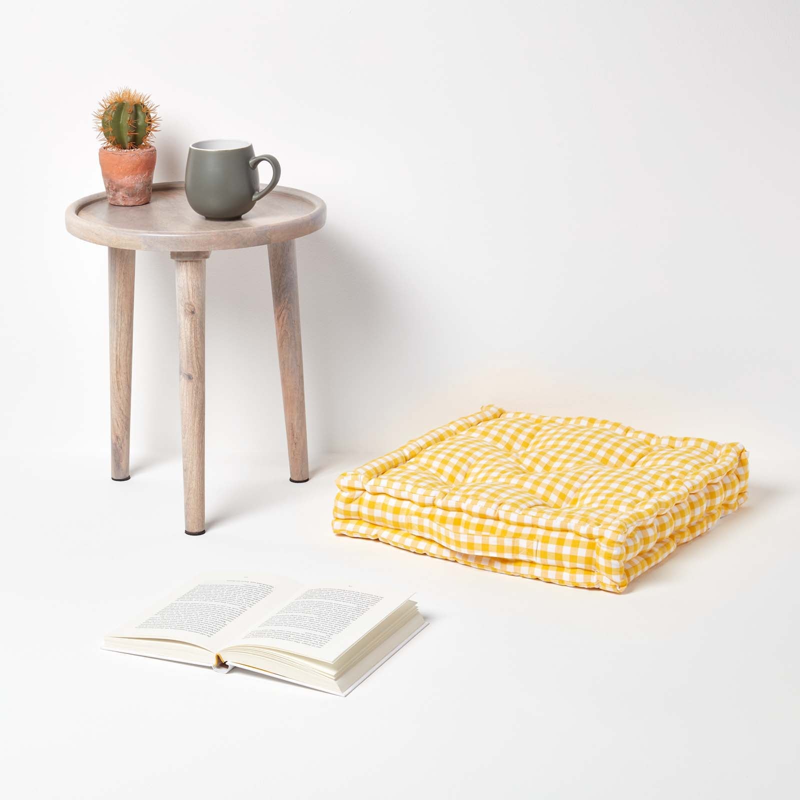Cotton Gingham Check Floor Cushion | 40cm x 40cm | Yellow