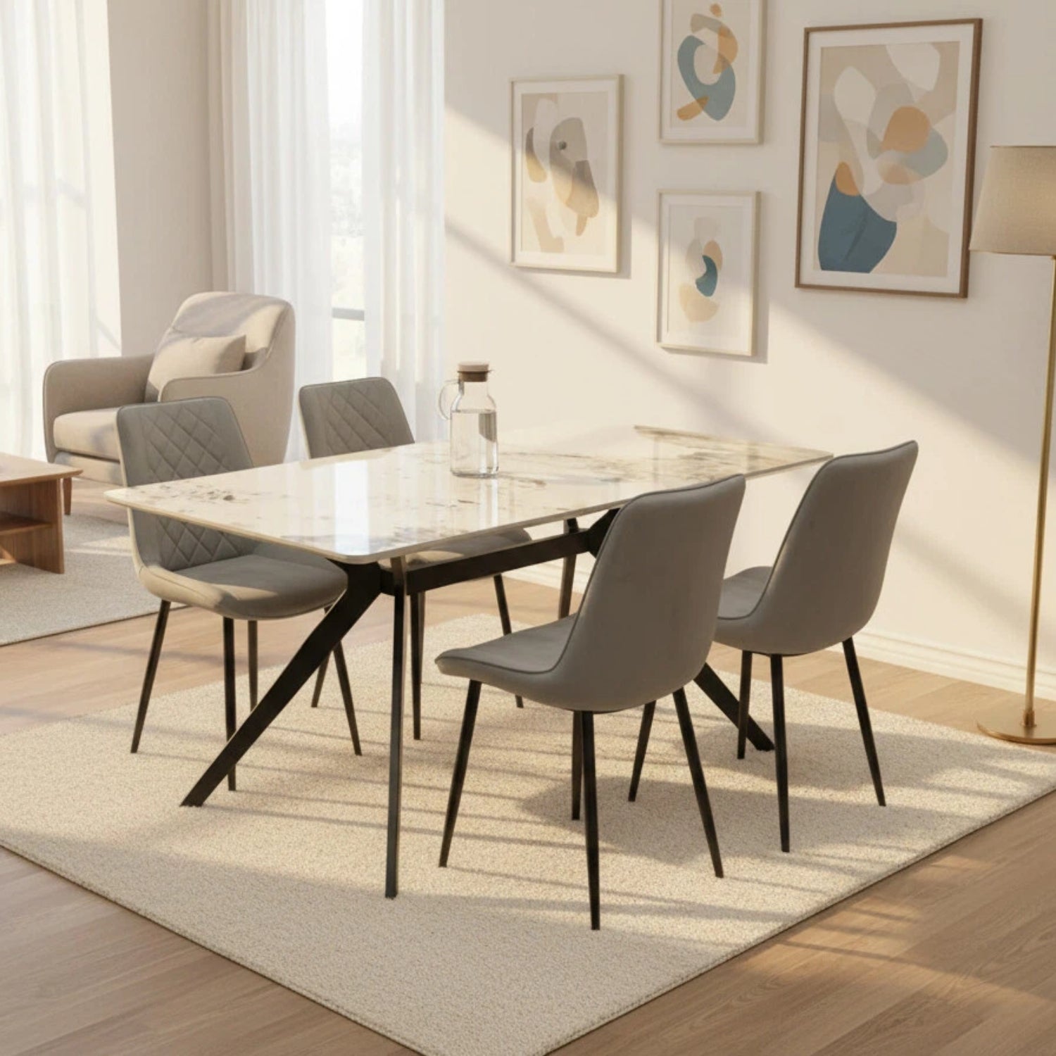 San Diego Marble Top Dining Table With Amelia Velvet Chairs | Grey
