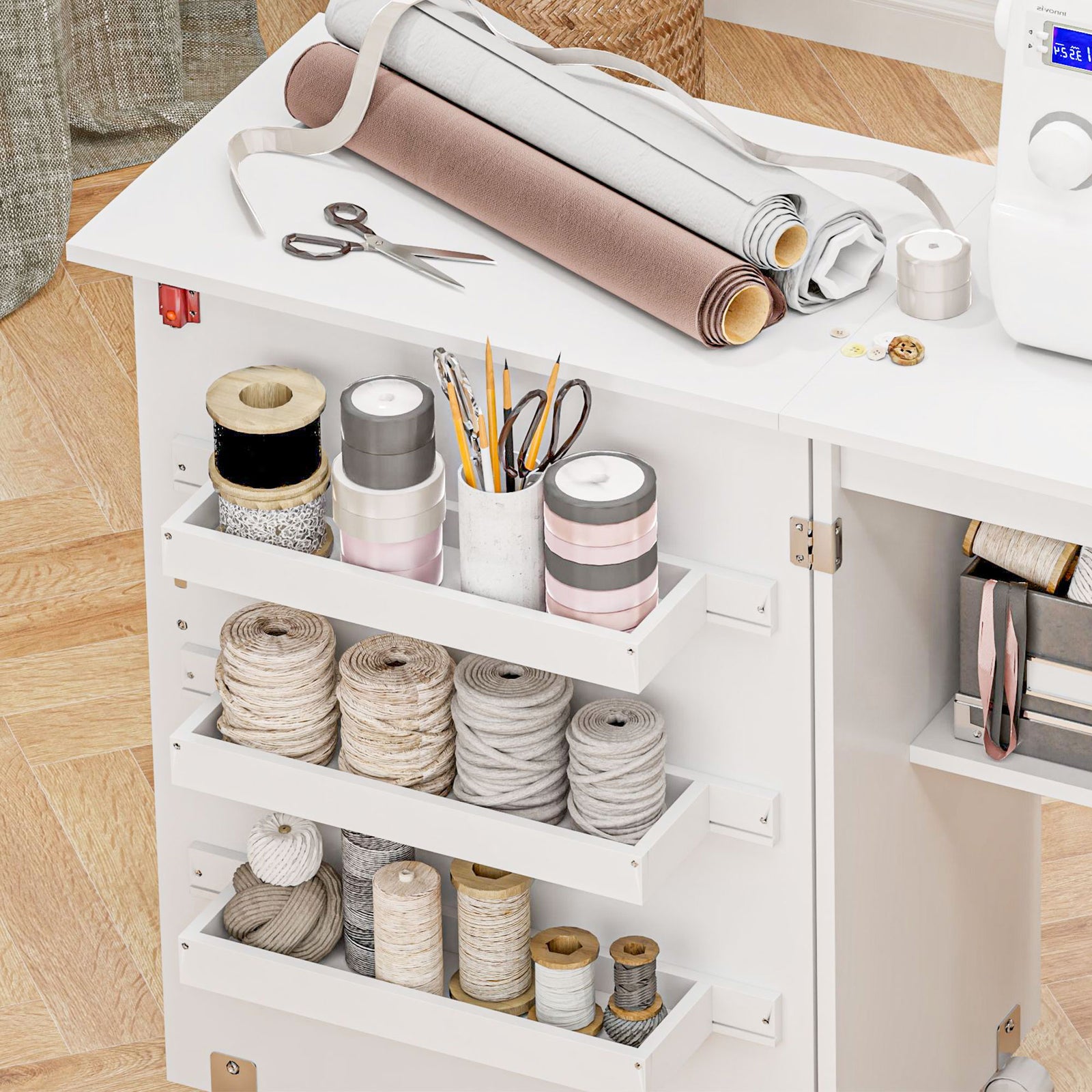 Folding Sewing Table Rolling Craft Table With Drop Leaf | White