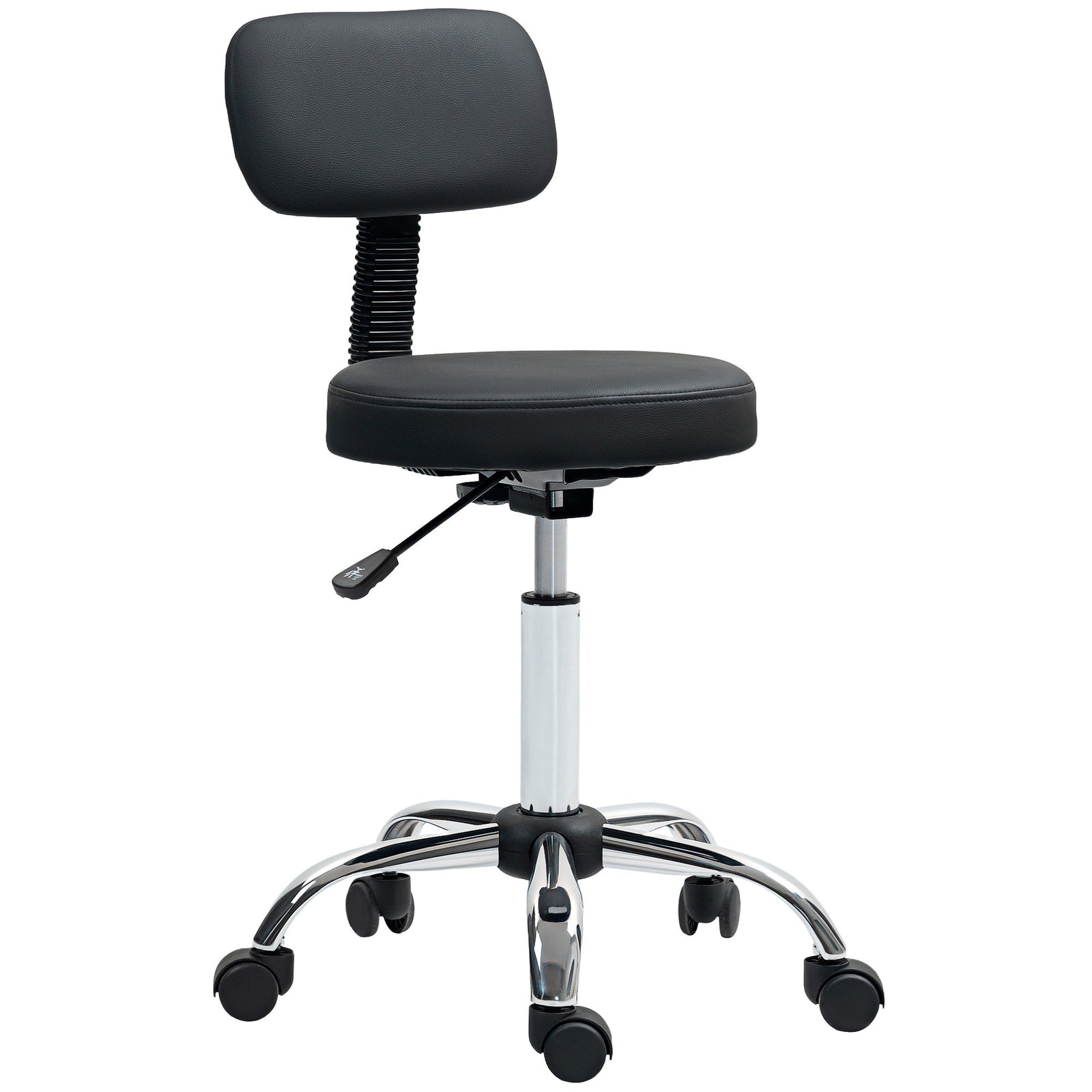 Rolling Stool With Backrest, Wheels Faux Leather Salon Chair | Black