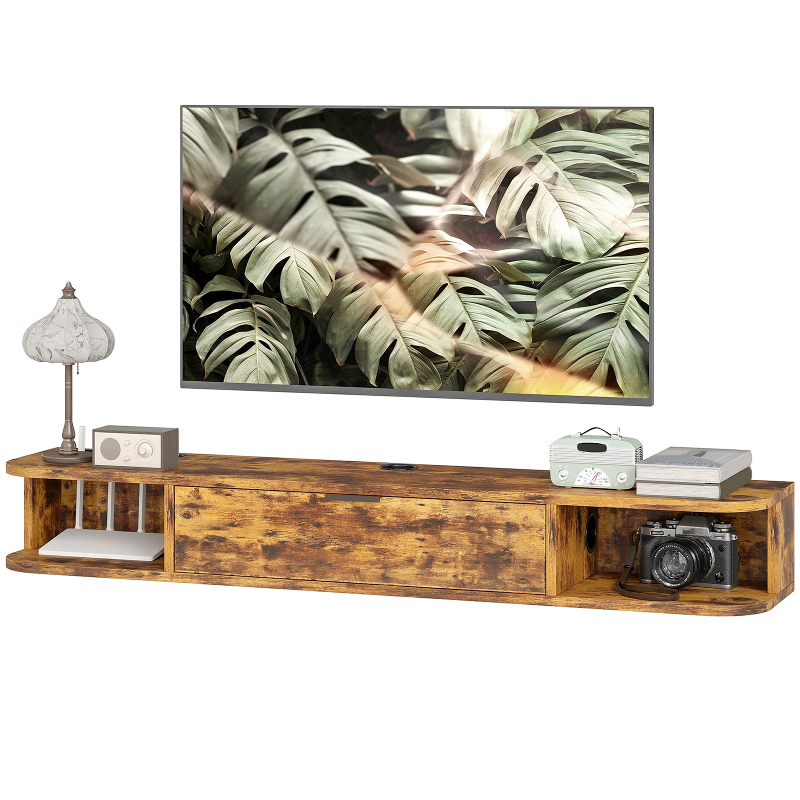 120 Cm Floating Tv Unit With Flip Drawer And Shelves | Rustic Brown