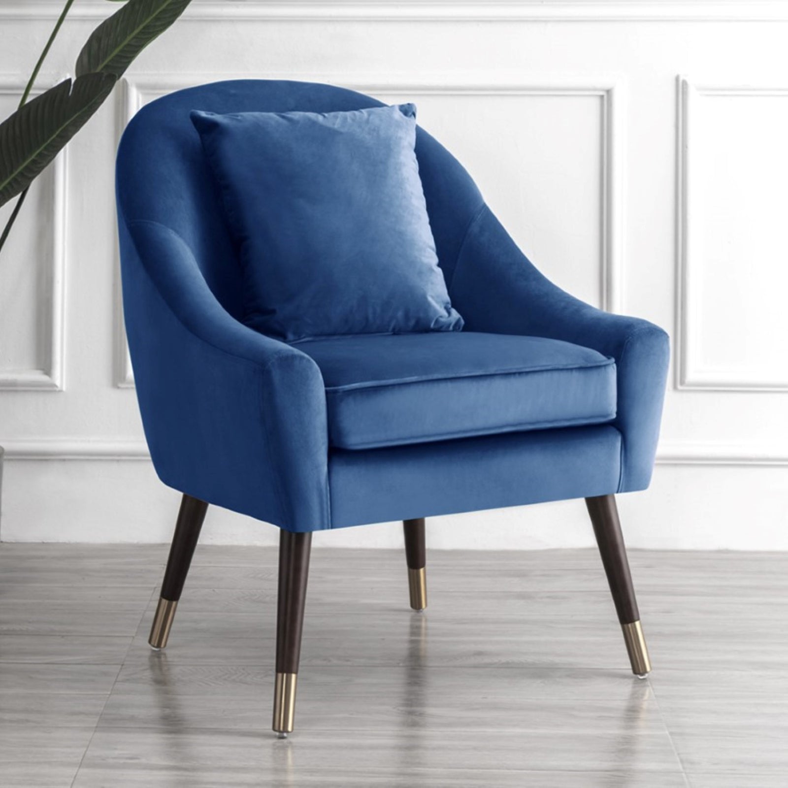 Octavia 74cm Wide Pillow Back Velvet Fabric Accent Chair With Steel Tipped Walnut Colour Wooden Legs | Blue