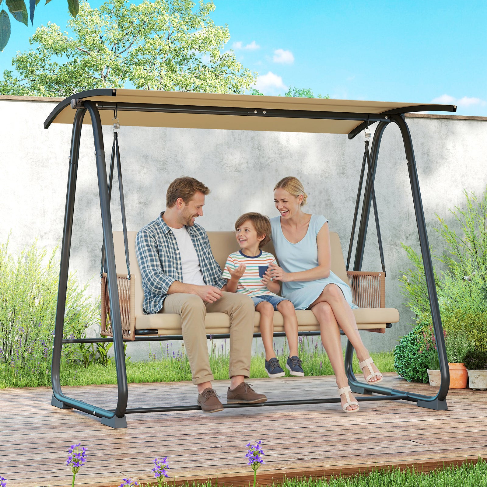 3 Seater Garden Swing Chair With Adjustable Canopy, Sand Brown