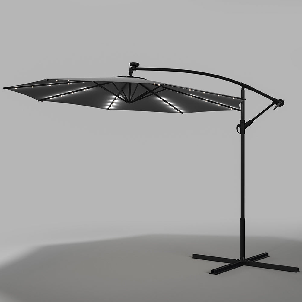 3 M Banana Patio Umbrella Cantilever Garden Parasol With Solar-powered 32 Led Lights, Crank For Opening Closing With Cross Base | One Size | Dark Grey