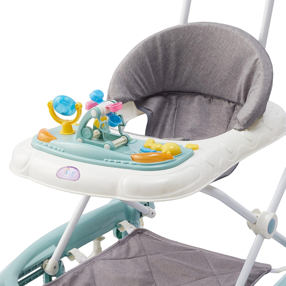 Adjustable Baby Walker, Foldable Walker, Multifunctional Baby Walker, Feeding Tray, Interactive Music, Toys, Wheel Safety Breaks | Cyan