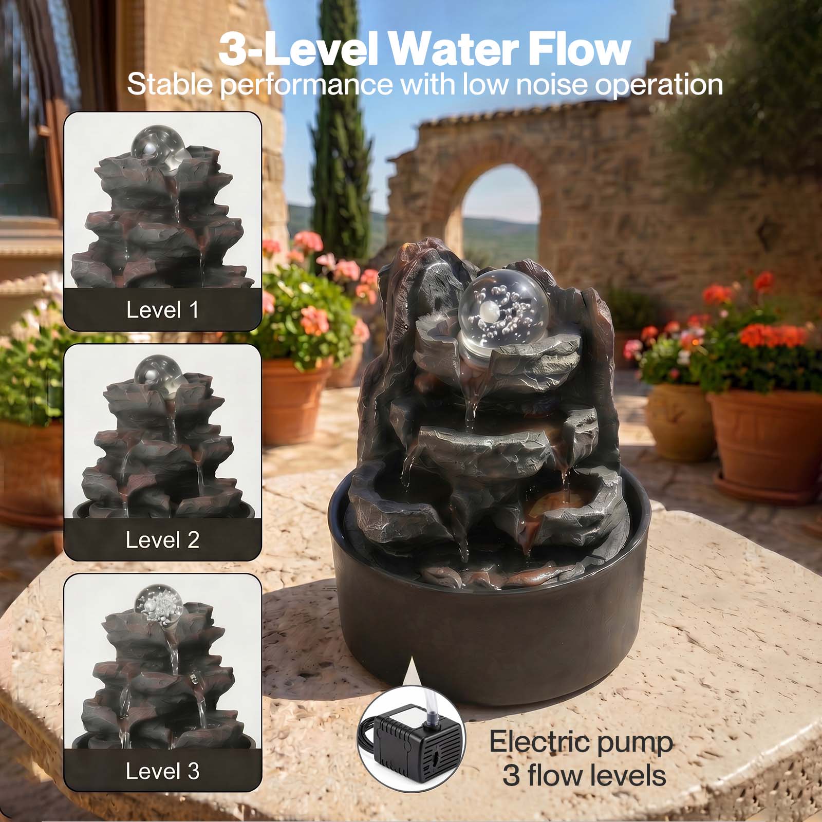 Spector Water Feature Indoor Fountains Rotating Glass Ball Led Light Resin Grey Brown