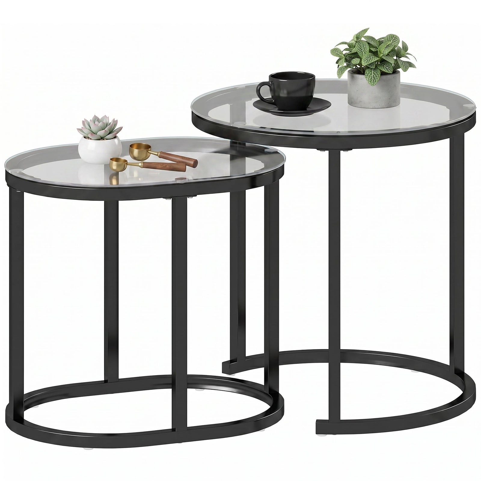 2 Pcs Modern Coffee Table With Tempered Glass Side Tables | Black
