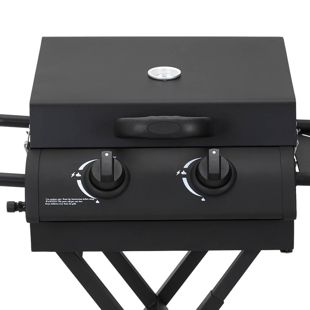 Portable 2-burner Gas Bbq Grill – Folding Trolley With Side Shelf, Thermometer, Wheels, And Outdoor Cooking Plate