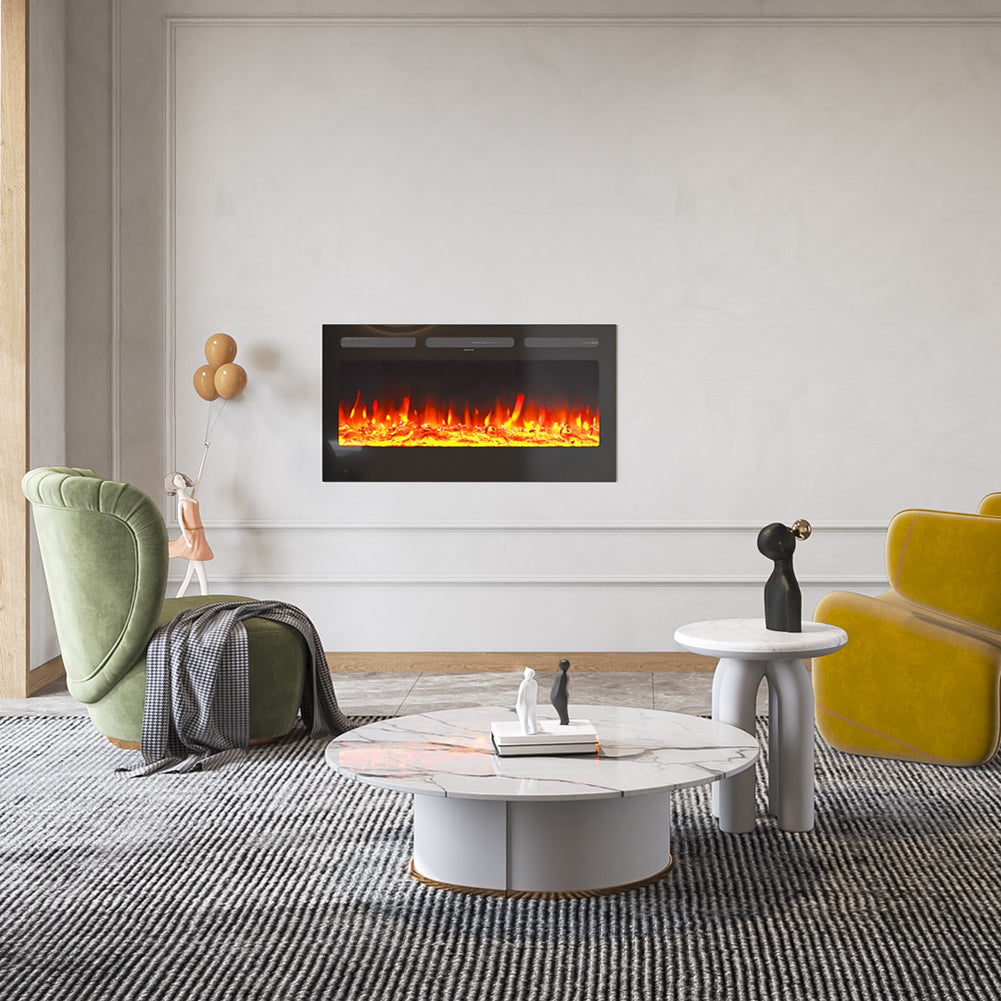 40-inch Recessed/wall Mounted Electric Fireplace, 1800w Black Heater With 12-colour Flame, Log & Crystal Bed, Remote Control & Timer