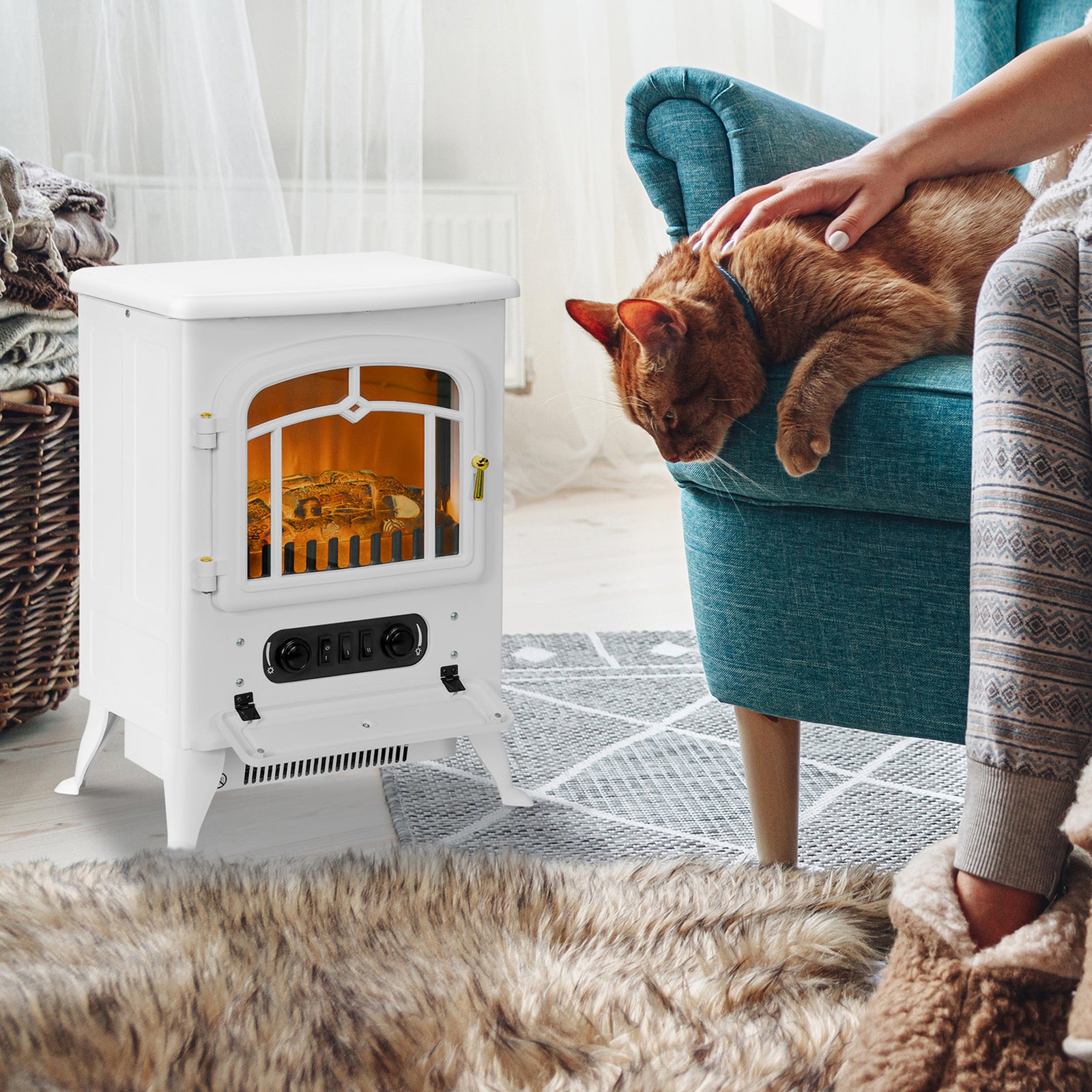 Fireplace Stove Heater Log Burning Flame Electric 950/1850w | One Size | White