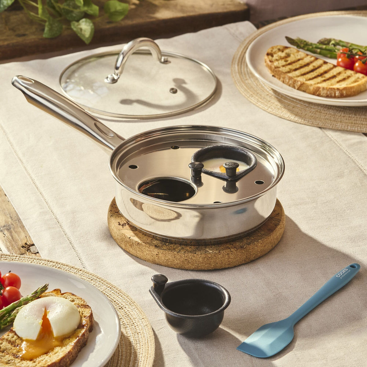 Stainless Steel Egg Poacher Pan With Spatula | 2 Cup | Silver